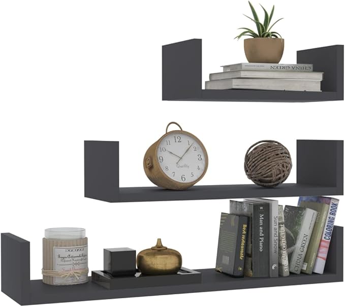 Set of 3 Gray Floating Shelves, Wall Mounted Display Ledges for Bedroom, Living Room, Kitchen, Modern Engineered Wood Storage Organizer, 23.6 Inches