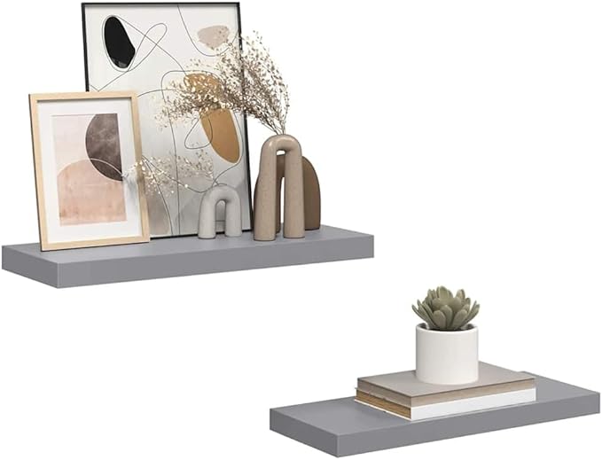 Floating Wall Shelves Set of 2, Modern Decorative MDF Shelving Units for Bedroom, Living Room, Office, Matte Gray Rectangular Display Storage Organizer, 23.6 inch