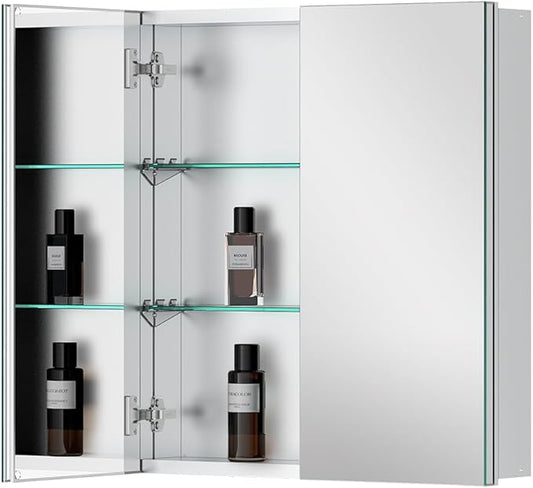 Quavikey Medicine Cabinet with Mirror for Bathroom 2 Doors Aluminum Surface Mount or Recessed Mirror Medicine Cabinet 24x26 Inch, Silver