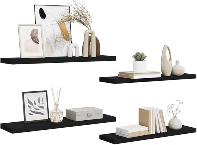 Set of 4 Floating Wall Shelves, 35.4 Inch Matte Black Wood Display Shelf, Modern Rectangular Storage Ledge for Bedroom, Living Room, and Office Decor