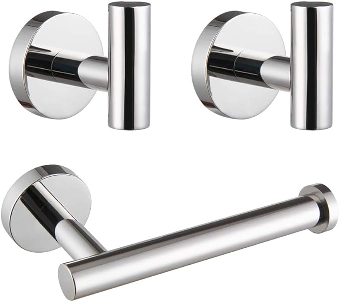 GERZWY Modern 3-Piece Bathroom Hardware Set Toilet Paper Holder and 2X Towel Hook Wall Mounted Polished SUS 304 Stainless Steel AG1401B-JG