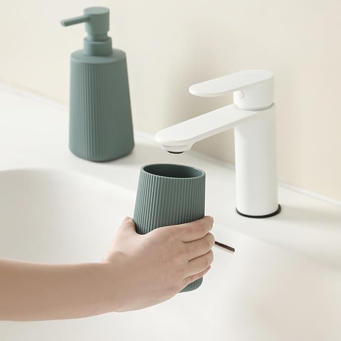YAUKPH Bathroom Accessories Set 2 Piece Soap Dispenser and Toothbrush Holder for Bathroom Countertop Striped Green