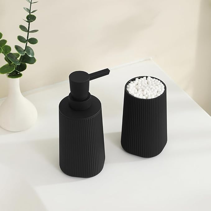 YAUKPH Bathroom Accessories Set 2 Piece Soap Dispenser and Toothbrush Holder for Bathroom Countertop Striped Black