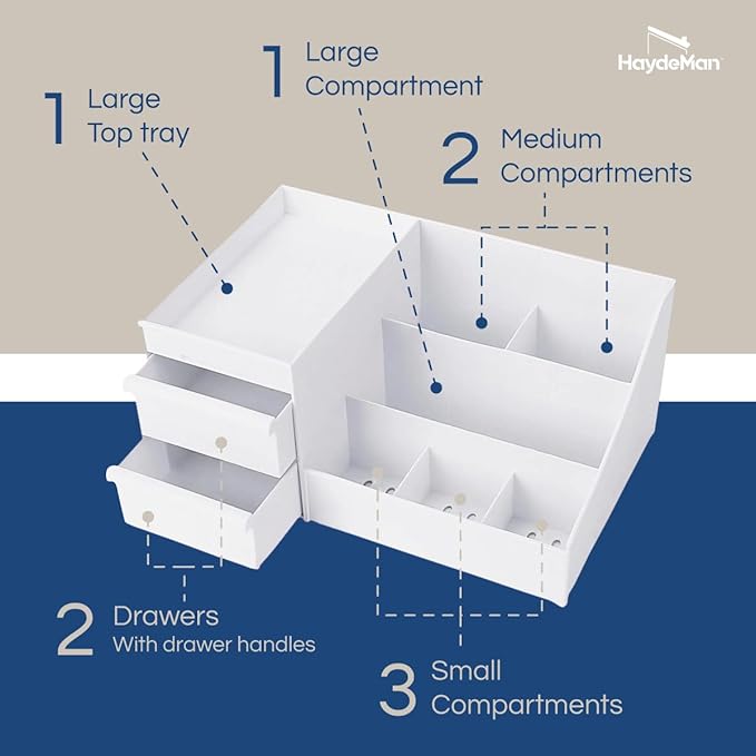 Makeup Organizer Countertop - Bathroom Countertop Organizer for Makeup, Skin Care, Jewelry, Brushes, Lipsticks, etc - Plastic Drawer Storage Container that works as Vanity Organizer (White)