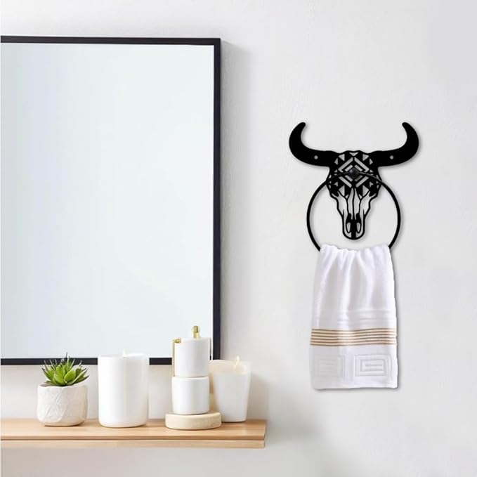 MAYJOYDIY Bull Skull Metal Towel Ring Western Cow Skull Towel Holder Country Western Style Wall Decor Towel Hanger Black Art Towel Rack Wall Mounted for Bathroom Kitchen Home Decors Gift