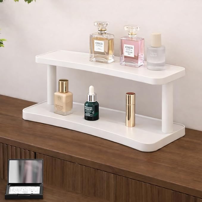 Bamboo Desktop Organizer Shelf – 2-Tier Wooden Storage Rack for Perfume, Makeup, Coffee Mugs – Natural Bamboo Display Stand for Vanity, Bathroom, Office (White, 2)