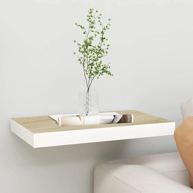 Floating Wall Shelf with Invisible Mounting System, Oak and White Display Rack for Living Room Decor, 19.7x9.1 Inches MDF Honeycomb Shelf for Books Awards Collectibles