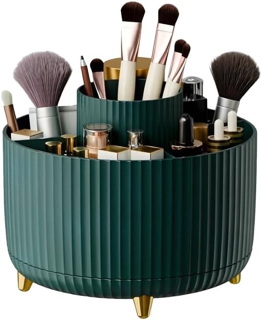 Makeup Brush Holder,360° Rotating Makeup Brush Organizer,5 Slot Make up Brushes Cup for Cosmetics,Large Capacity,For Nail Polish, Art Supply, Bathroom Vanity,Cosmetics Organizer,Green