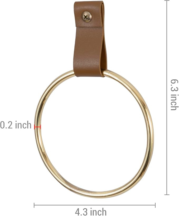 MyGift 2 Pcs Towel Ring Holder, Hand Towel Rack Wall Mounted for Bathroom, Entryway, Kitchen, Bedroom, Modern Brass Tone Metal with Caramel Brown Leatherette Strap