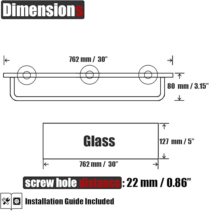 JQK Bathroom Glass Shelf, Shelf with 29 Inch Towel Bar Tempered Glass Shower Storage 30 by 5 inches, 304 Stainless Steel Brushed Gold Wall Mount, TGS100L30-BG