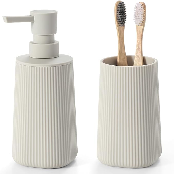 YAUKPH Bathroom Accessories Set 2 Piece Soap Dispenser and Toothbrush Holder for Bathroom Countertop Striped Beige