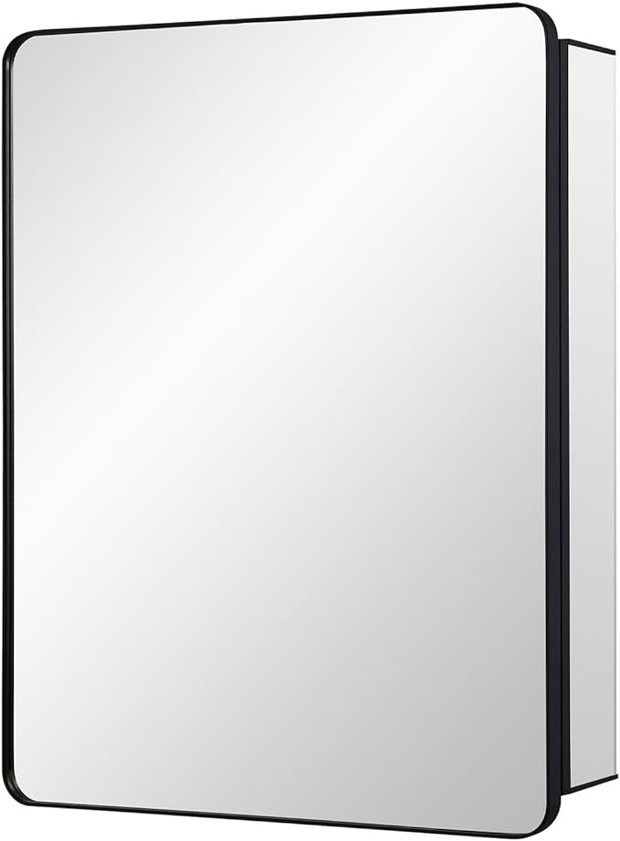 IDYLLOR Black Bathroom Mirror Medicine Cabinet with Round Corner Framed Door 24 x 30 inch, Recessed or Surface Mount, with Adjustable Glass Shelves