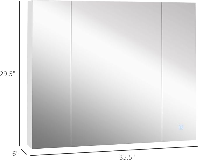 kleankin LED Medicine Cabinet, 35.5 x 29.5 Wall-Mounted Bathroom Vanity Mirror Organizer with Dimmer Touch Switch, Three Doors, and USB Charged, White