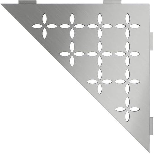Schluter Triangular Corner Shelf for Tiled Walls - Floral Design, Stainless Steel Material, Brushed Stainless Steel Finish, 3/32" Thick Anchoring Tabs - SES1D5EB
