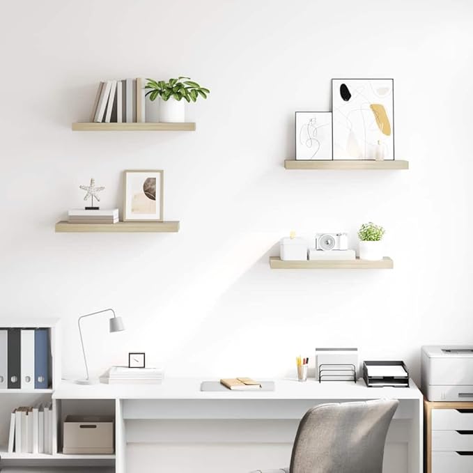 Set of 4 Floating Wall Shelves, Modern Oak Wood Display Ledges for Living Room Bedroom Office, Decorative Storage Shelves for Books and Collectibles