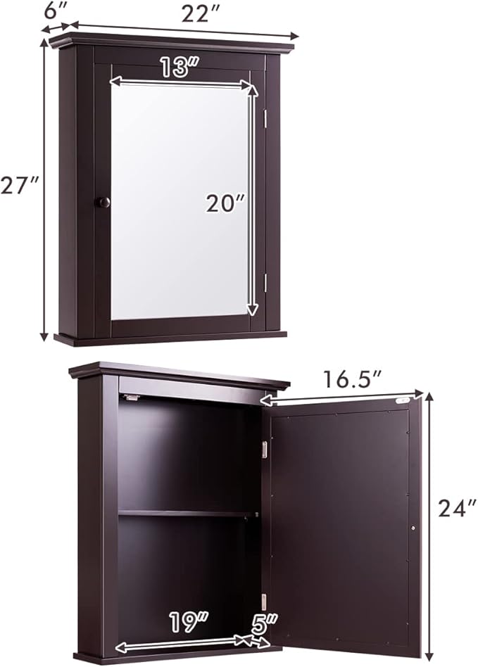Tangkula Bathroom Cabinet with Mirror, Mirrored Wall-Mounted Storage Medicine Cabinet w/Single Door & Adjustable Shelf in 5 Positions, Multipurpose Wall Cabinet for Bathroom (Brown)