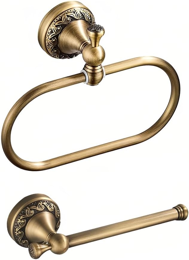 2-Piece Set Antique Brass Toilet Paper Holder, Brass Towel Ring Oval, Hand Towel Holder Bathroom Accessories Wall Mounted Vintage