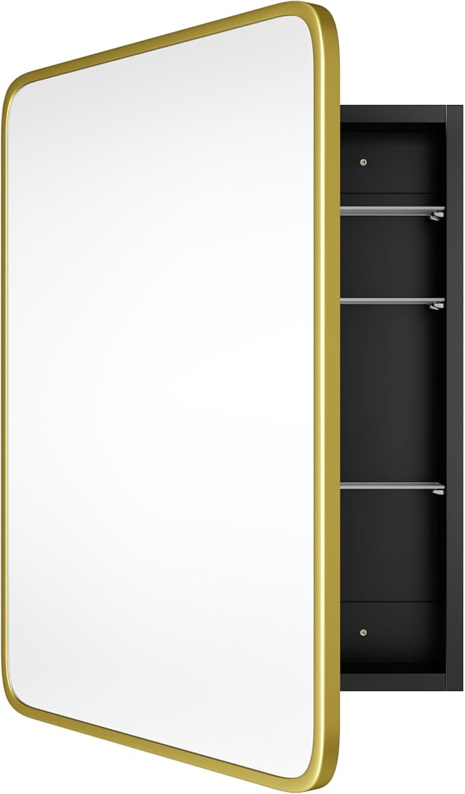 AGDULL Bathroom Wood Black Cabinet with 20''x30'' Brushed Gold Metal Frame Curved Mirror, Recessed Medicine Cabinet, Bathroom Storage Cabinet