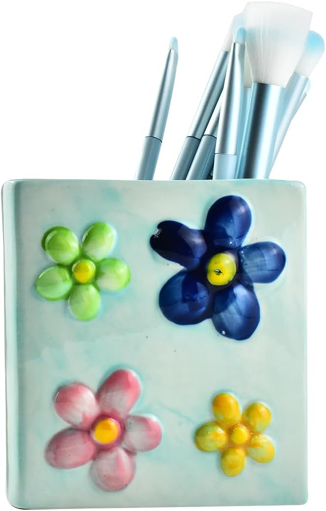 Ceramic Book Shaped Flower Pattern Cosmetic Storage Box, Desktop Organizers Make Up Brush Storage Stand Desktop Storage Box for Brush, Painting Brush (Blue)
