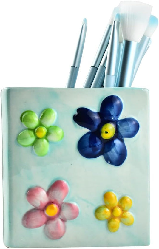 Ceramic Book Shaped Flower Pattern Cosmetic Storage Box, Desktop Organizers Make Up Brush Storage Stand Desktop Storage Box for Brush, Painting Brush (Blue)
