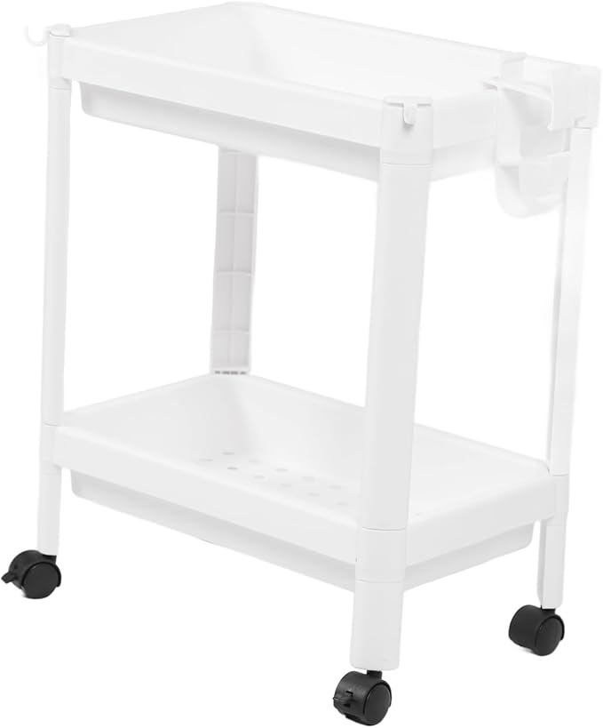 Narrow Freestanding Bathroom Shelf, Space Saving Storage Rack White Laundry Shelf for Bathroom Laundry Room Kitchen Bedroom Compact Areas (2 Layers (with Wheels))