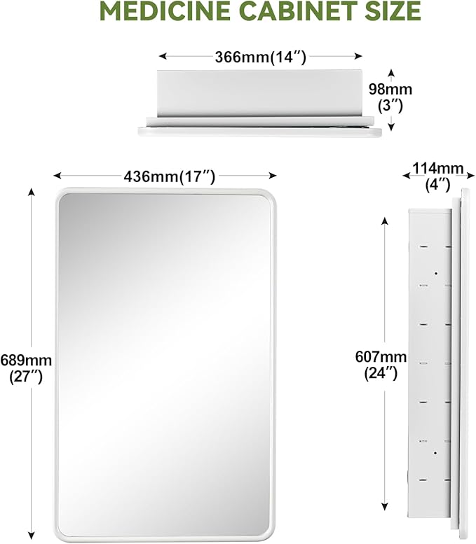 17 x 27 White Bathroom Medicine Cabinet with Mirror Metal Frame Recessed Or Wall Mounted Single Door Storage Medicine Cabinets with Adjustable Shelves Rounded Corner