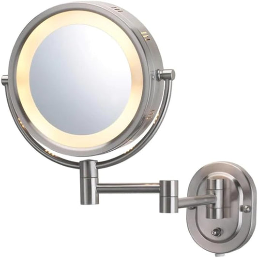 JERDON Wall-Mounted Makeup Mirror with 5X Magnification - Nickel Makeup Mirror with LED Lights - Plug in - HL65N