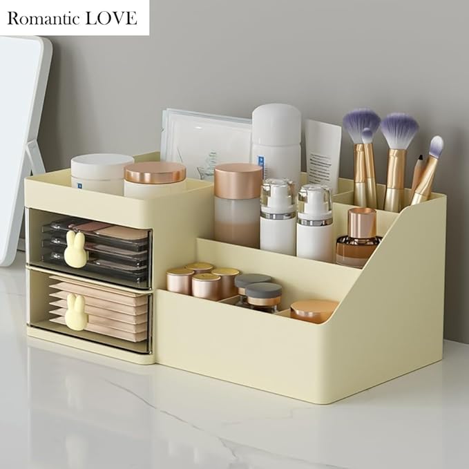 Romantic LOVE Makeup Organizer with Drawers Large Capacity Countertop Organizer for Vanity Bathroom and Bedroom Desk Cosmetics Organizer (Yellow)