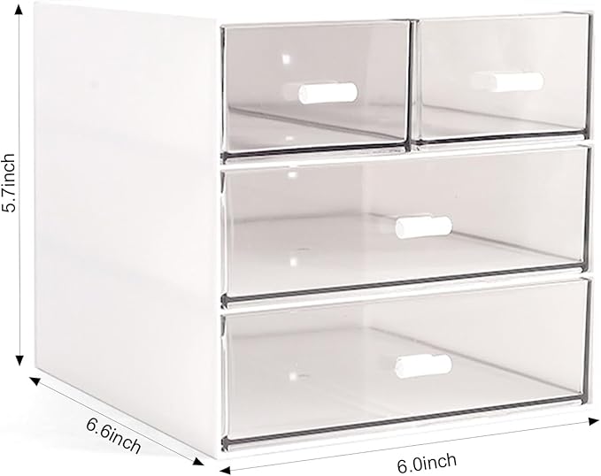 Makeup Organizer, Desk Organizer with 4 Drawers, Sundries Storage，Vanity Organizer, Cosmetic Storage Organizer, Desk Storage Box, Bathroom Counter or Dresser, White QBH-4CT-1