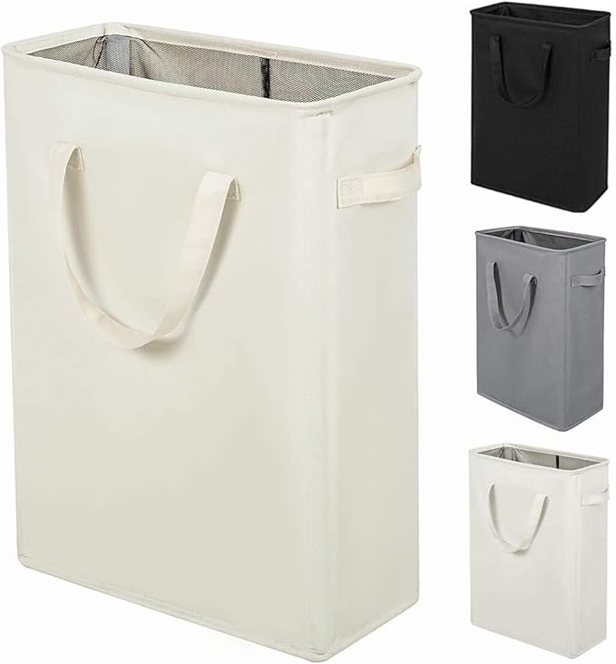 ZERO JET LAG Slim Laundry Hamper With Handles Collapsible Laundry Basket Thin Dirty Clothes Basket Narrow Laundry Bag Foldable Dirty Clothes Hamper 45L (24 inches,Beige)