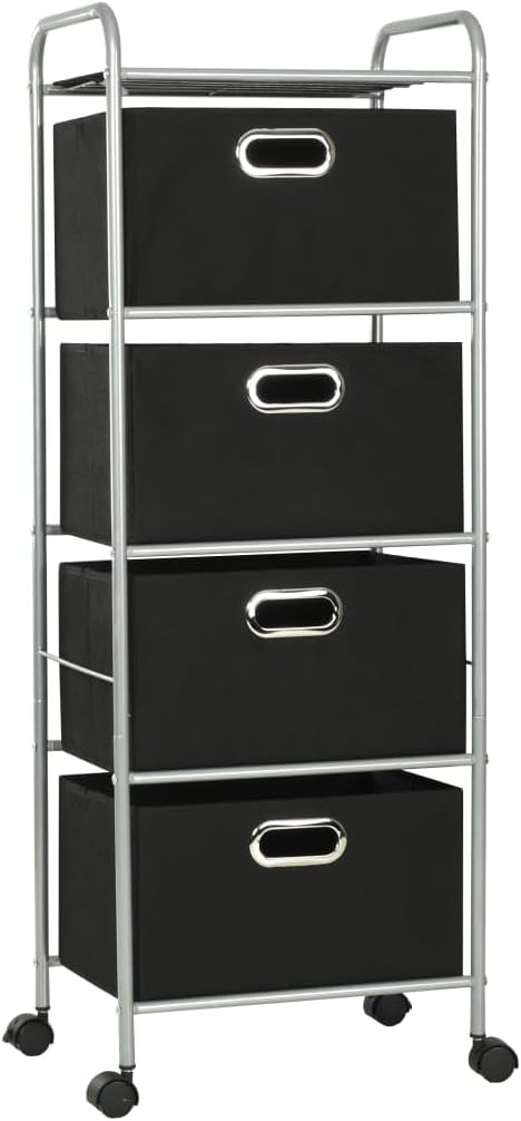 4 Fabric Shelves Storage Rack Unit in Black and Silver with Fabric Storage Boxes for Bedroom and Bathroom Organization