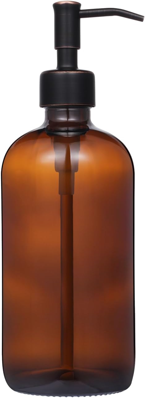 Amber Glass Jar Soap Dispenser with ORB Pump,16oz Round Bottle Dispenser with Stainless Steel Pump, Bathroom Soap Dispenser Set for Home Decor, Farmhouse & Kitchen Decor (ORB)