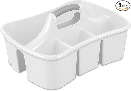 Large Plastic Utility Caddy with 4 Compartments – Heavy-Duty Storage Organizer for Cleaning Supplies, Sponges & Spray Bottles – Easy-Carry Handle (White)