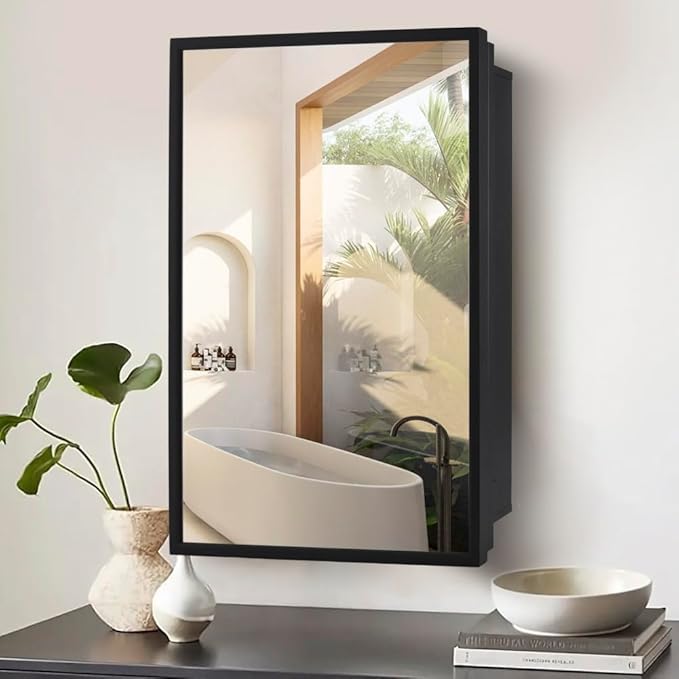 Movo Medicine Cabinet with Mirror, 16 inch x 24 inch Black Metal Framed Recessed Bathroom Medicine Cabinet Wall Mounted with Mirror