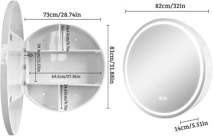 Round Medicine Cabinet with Light,3 Color Temperature,Dimmer,Defogger,32inch,White
