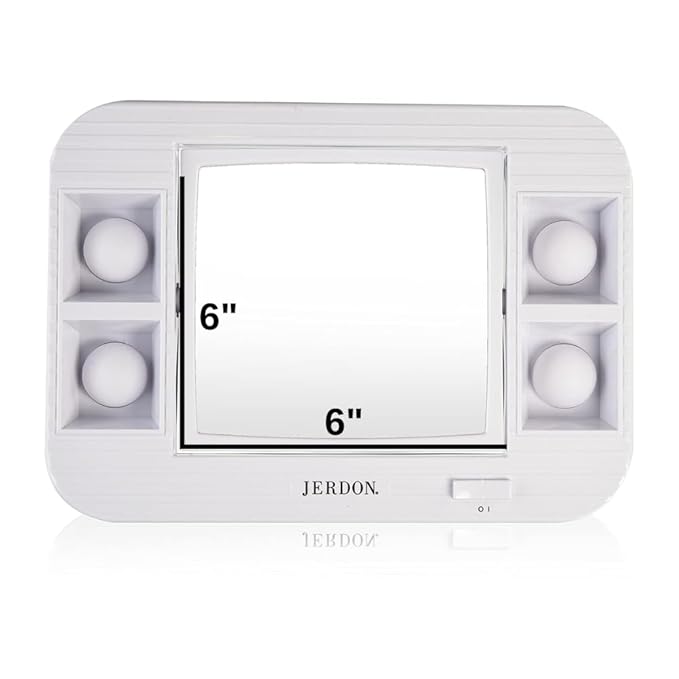 JERDON Two-Sided Makeup Mirror with Lights - Vanity Mirror with 5X Magnification & Two Setting Glare-Free Lighting - White Base - Model J1015