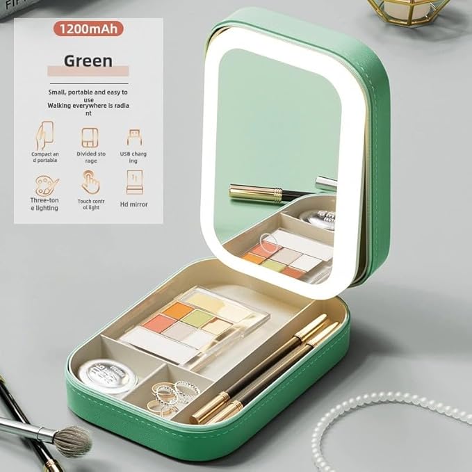 Cosmetic storage box with light mirror integrated dresser desktop skincare organizer Dustproof portable box (Fruit green storage box)