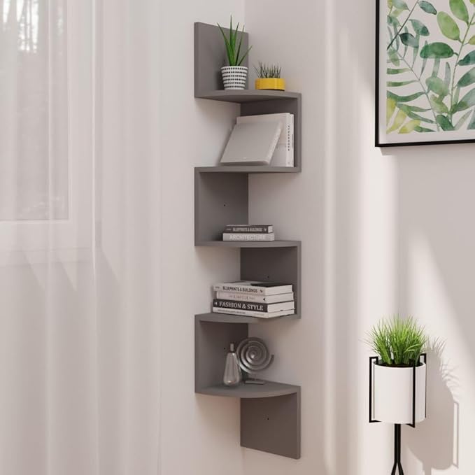 Wall Corner Shelf, 5-Tier Floating Corner Shelves for Living Room Bedroom, Modern Matte Grey Engineered Wood Storage Display Rack, 48.4 Inches Tall
