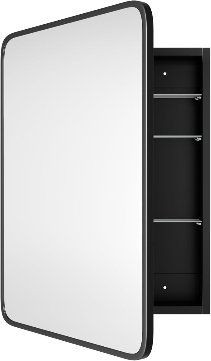 AGDULL Bathroom Wood Black Cabinet with 20''x30'' Black Metal Frame Curved Mirror, Recessed Medicine Cabinet, Bathroom Storage Cabinet