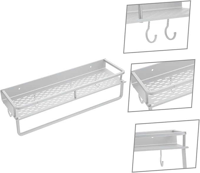 HEALLILY 1set Multi-Functional Wall-Mounted Storage Shelf for Bathroom Kitchen Heavy-Duty Hollow Rack Hooks Space-Saving Organizer for Toiletries and Seasoning Bottles Stylish Design