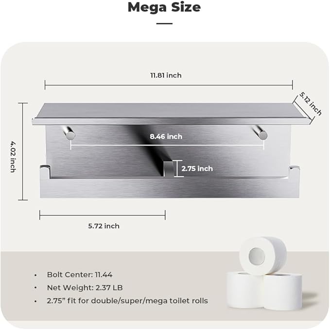 Double Toilet Paper Holder with Shelf, 304 Stainless Steel Wall Mount Commercial Toilet Paper Dispenser, Double Tissue Roll Holder for Bathroom, 2 Pack Brushed Nickel