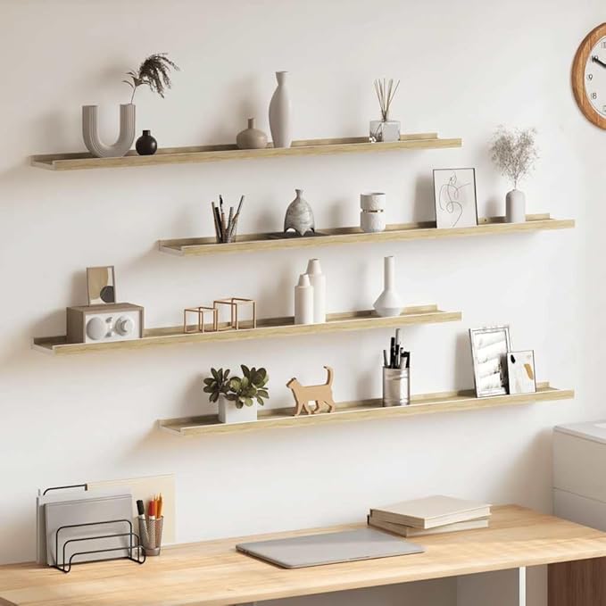 Set of 4 Floating Wall Shelves, Modern White and Sonoma Oak Display Ledges for Living Room Bedroom, 39.4 Inch Long Rectangular Decorative Storage Shelves