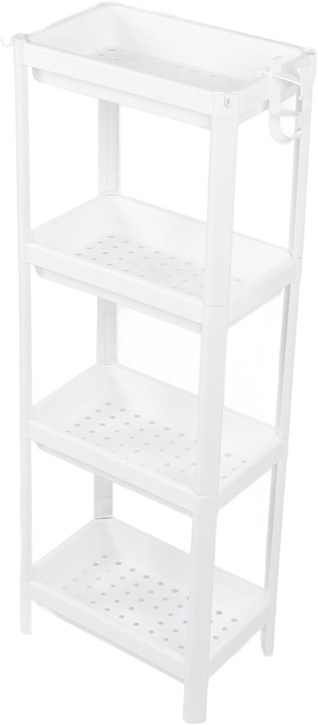 Narrow Freestanding Bathroom Shelf, Space Saving Storage Rack White Laundry Shelf for Bathroom Laundry Room Kitchen Bedroom Compact Areas (4 Layers)