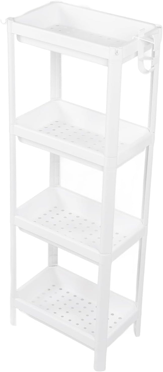 Narrow Freestanding Bathroom Shelf, Space Saving Storage Rack White Laundry Shelf for Bathroom Laundry Room Kitchen Bedroom Compact Areas (4 Layers)