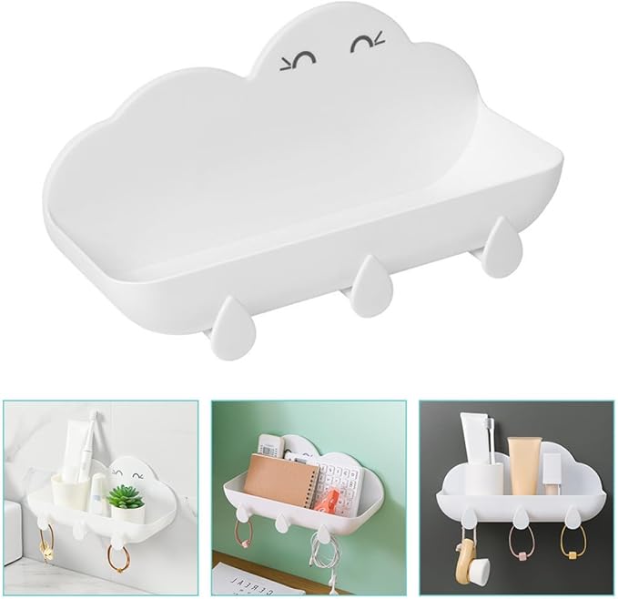 Cloud-Shaped Hanging Bathroom Shelf with Hooks, White Plastic Wall Storage Rack for Home Bathroom Organizer and Wall-Mounted Storage Basket