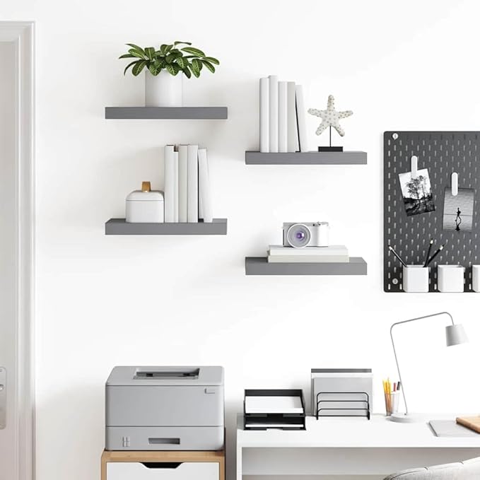 Set of 4 Floating Wall Shelves, Modern Gray Honeycomb MDF Display Shelves for Living Room, Bedroom, and Home Decor, 15.7-inch Wall-Mounted Storage Organizers