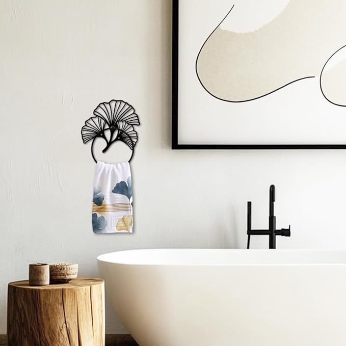 MAYJOYDIY Ginkgo Leaf Metal Towel Ring Plant Leaves Towel Holder for Wall Natural Plant Ginkgo Biloba Black Art Towel Rack Wall Mounted for Bathroom Kitchen Towel Hanger Home Decors Gift
