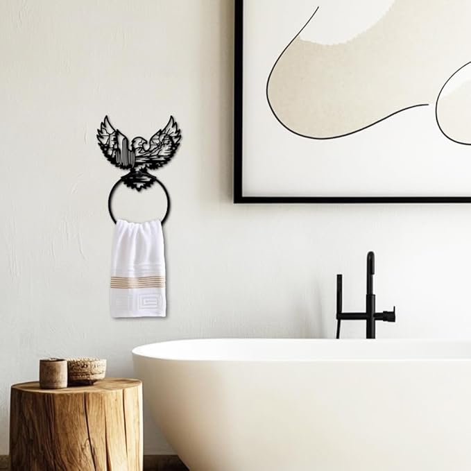 MAYJOYDIY Eagle Landscape Metal Towel Ring Desert Cactus Towel Holder Sun Mountain Range Animal Nature Scenery Black Art Towel Rack Wall Mounted for Bathroom Kitchen Home Decors Gift