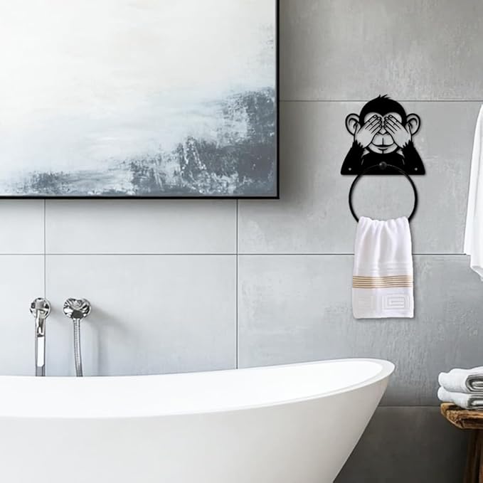 MAYJOYDIY Monkey Metal Towel Ring Round Animal Hand Towel Holder Ring Hanger Black Vintage Towels Wall Organizer for Kitchen Bath Home Laundry Room Decors Gifts