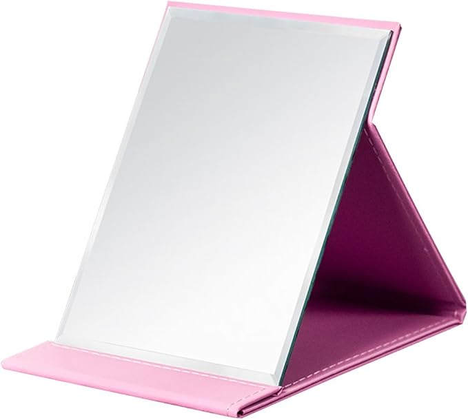 JOLY Protable PU Leather Mirror Folding Desktop Makeup Mirror with Adjustable Stand for Personal Use,Travelling (M, Pink)